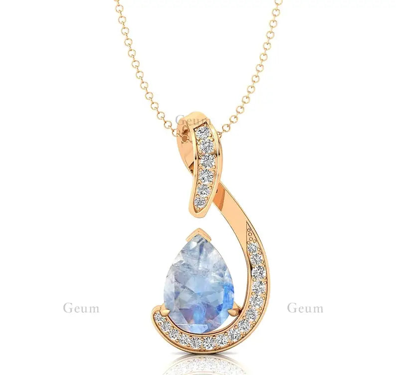 Pear Cut Natural Rainbow Moonstone Tear Drop Charm's Pendant Necklaces With Diamonds Anniversary Gift For Her 18k Solid Pendant