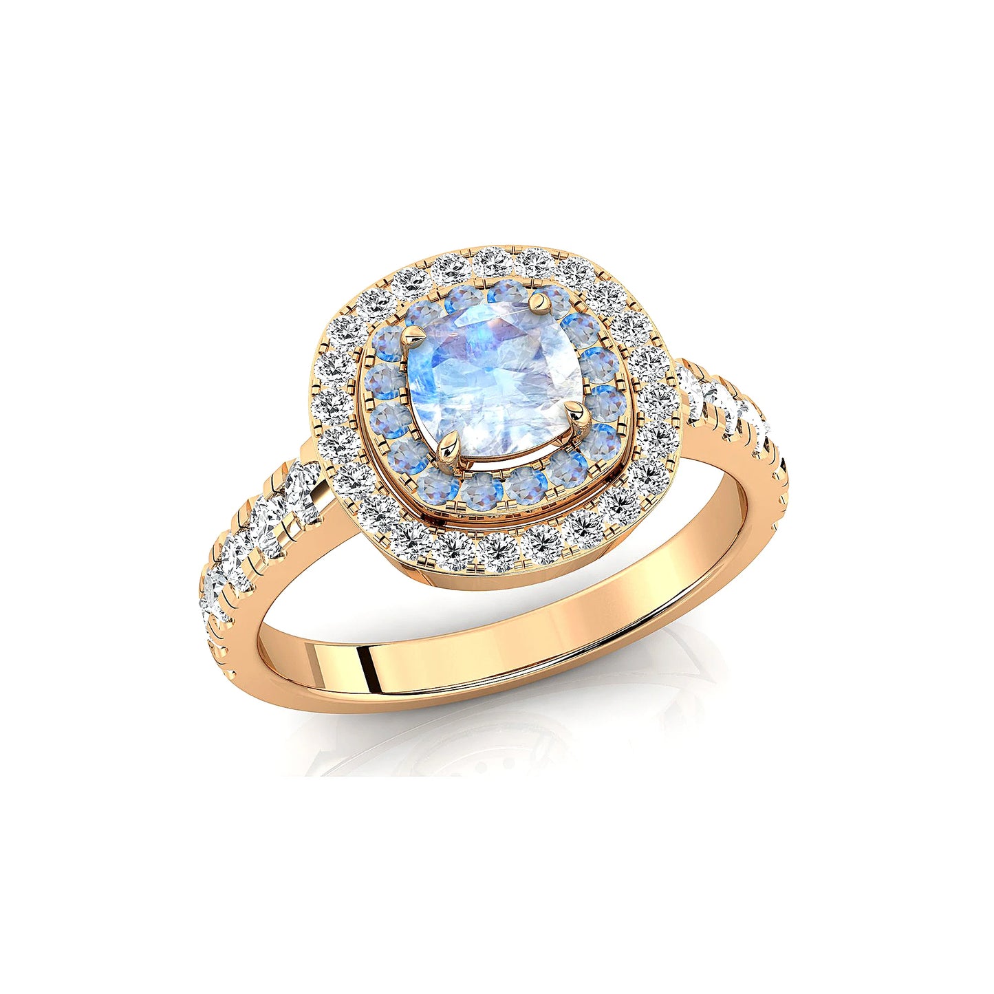 18k Solid Gold Rings Natural Rainbow Moonstone Cushion Cut Prong Set Double Halo Half Eternity Ring Band For Birthday Gift