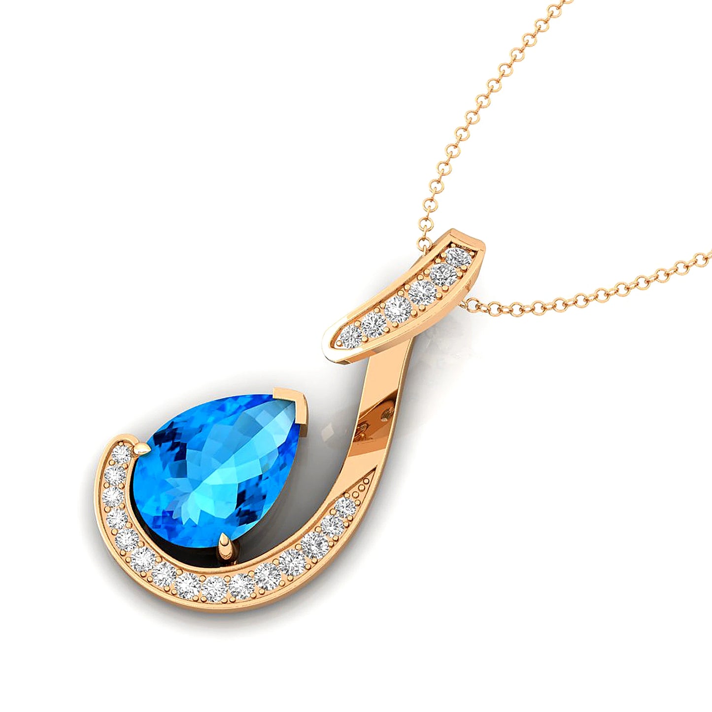 14k Solid Gold Pendant Natural Swiss Blue Topaz Stone & Diamonds Pendant Necklace For Women Wedding Pendant Gift For Wife