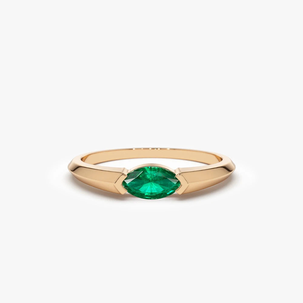 2026 New Collection 14K Solid Gold Bezel Setting Horizontal Marquise Shape 6x3 MM Natural Emerald 0.25 Ctw Eternity Band Fine