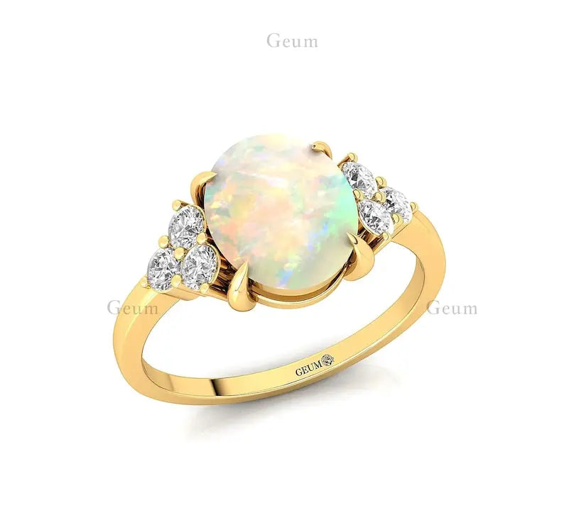 Handmade Customized 14K Pure Gold Natural Diamond Ethiopian Opal Gemstone Classic Wedding Luxury Bridal Rings