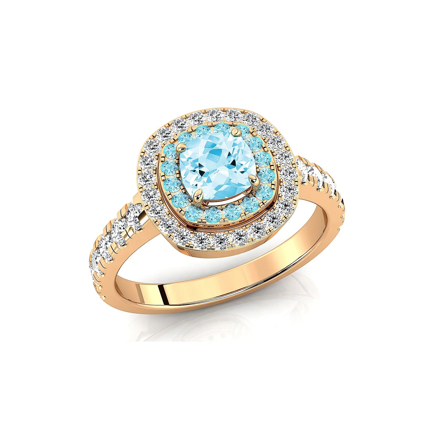100% Natural Birthstone Aquamarine Gemstone Fine White Diamonds Solid Gold Bulk Double Halo Ring For Wedding and Engagement