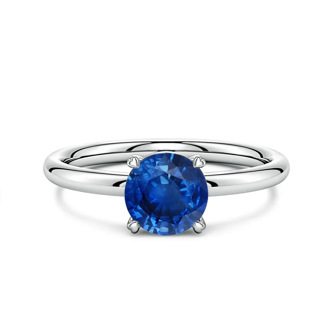14K Solid Gold 6MM 1 Carat Round Cut Natural Blue Sapphire Solitaire Engagement Ring with Heart-Shaped Prongs Fine Jewelry Ring