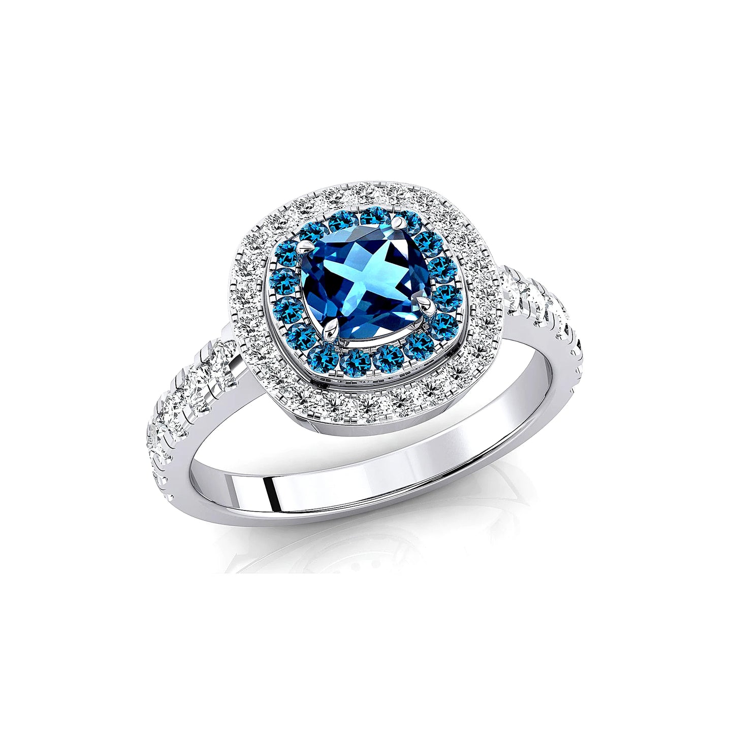 14k Solid Gold Rings Natural London Blue Topaz Real Diamonds Classic Wedding Halo Ring Rhodium Plated Women Jewelry Gift For Her