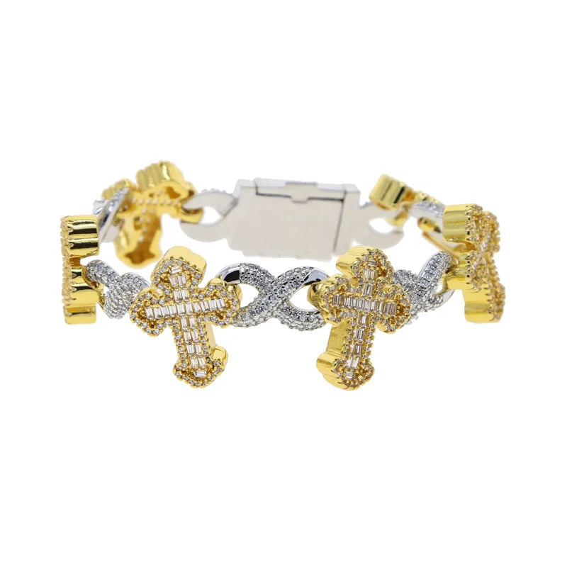 S&S Custom 3 Tone Silver Plated Hip Hop Jewelry Iced Out Bling 5A CZ Multi Cross Infinity Link X Shape Cuban Chain Bracelet for Men