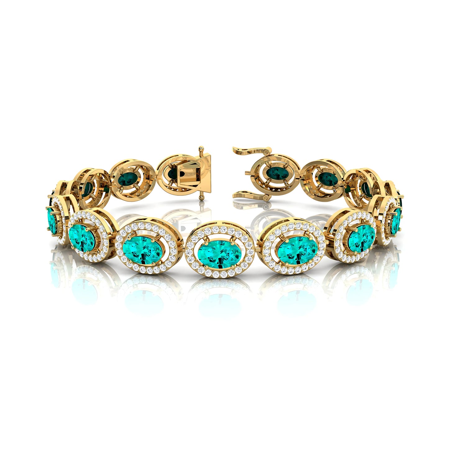 14k Gold Oval Lab Paraiba Tourmaline Gemstone & Diamond Tennis Chain Bracelet Custom New Fine Jewelry Unisexual Tennis Bracelets