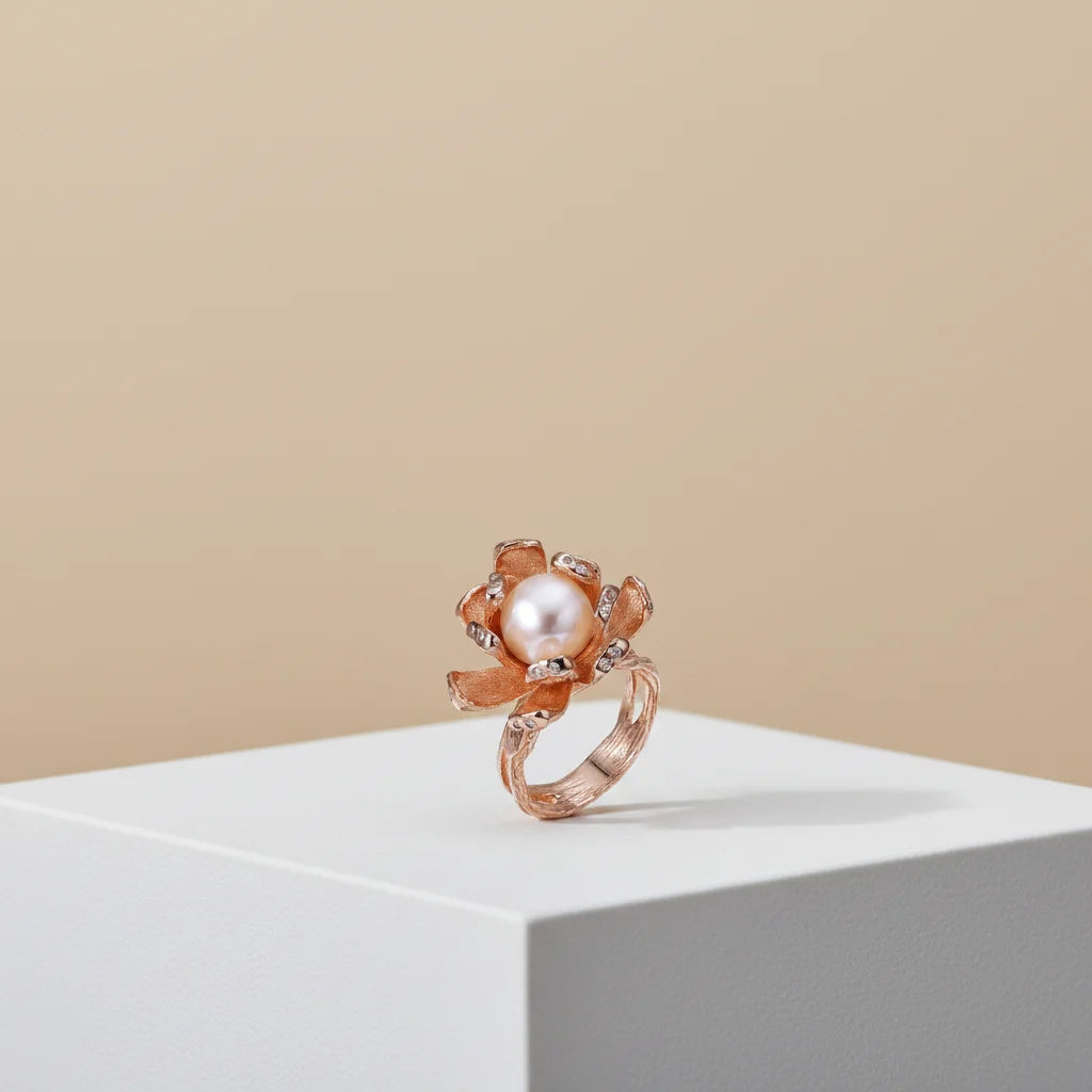 Flower Design Freshwater Button Pearl 925 Sterling Silver Ring with Rose Gold Plated