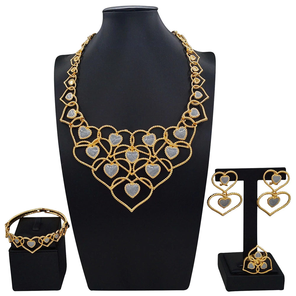 Zhuerrui Dubai Gold Plated Jewelry Set Layered Heart Inlaid Gold Weave Necklace Earrings Bracelet Ring for Women Wedding I005520