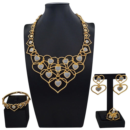 Zhuerrui Dubai Gold Plated Jewelry Set Layered Heart Inlaid Gold Weave Necklace Earrings Bracelet Ring for Women Wedding I005520