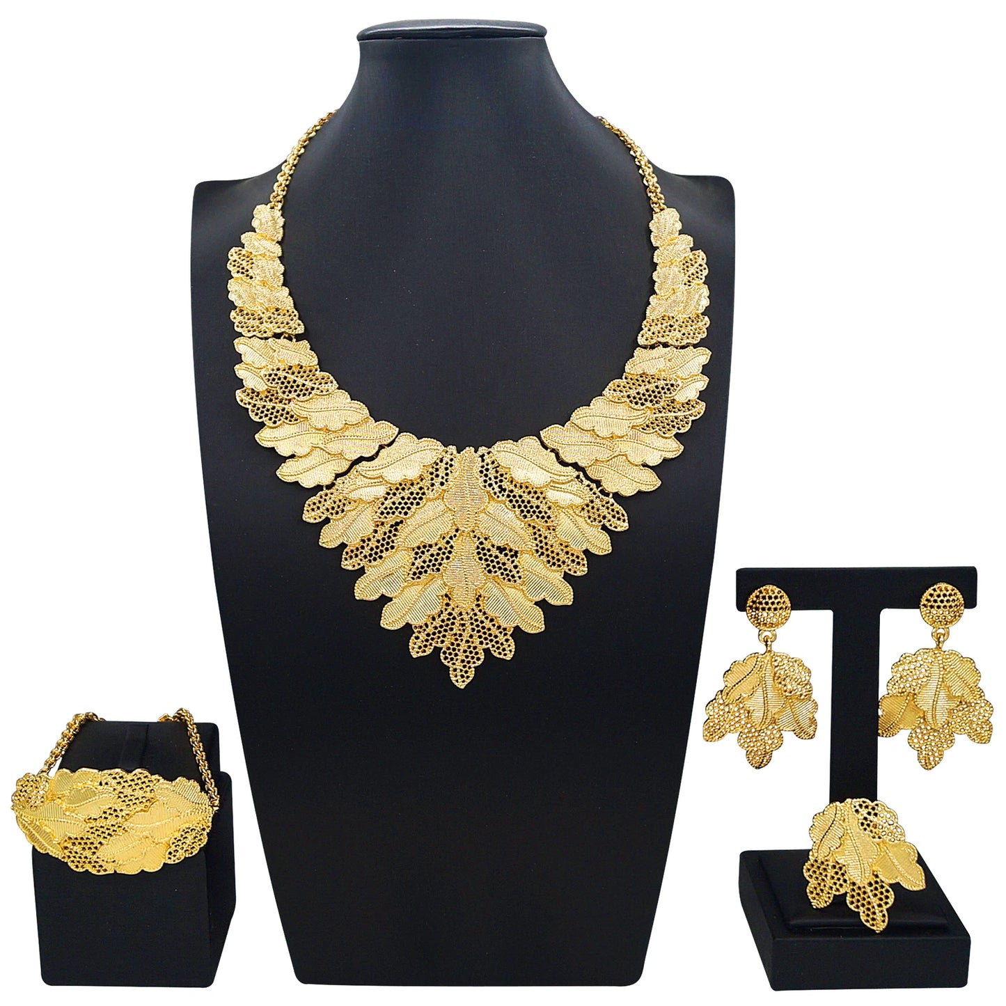 Zhuerrui Gold Plated Ethnic Style Leaf Lace Jewelry Set Necklace Bracelet Earrings Ring for Party Wedding Occasions I0001120