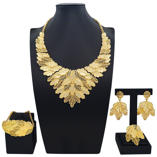 Zhuerrui Gold Plated Ethnic Style Leaf Lace Jewelry Set Necklace Bracelet Earrings Ring for Party Wedding Occasions I0001120