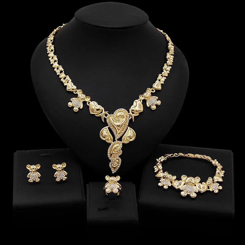 Zhuerrui Newest Design 14K Gold Plated Wedding Party Jewelry Sets I Love You Xo Big Teddy Bear Hug and Kiss Jewelry Set X0077