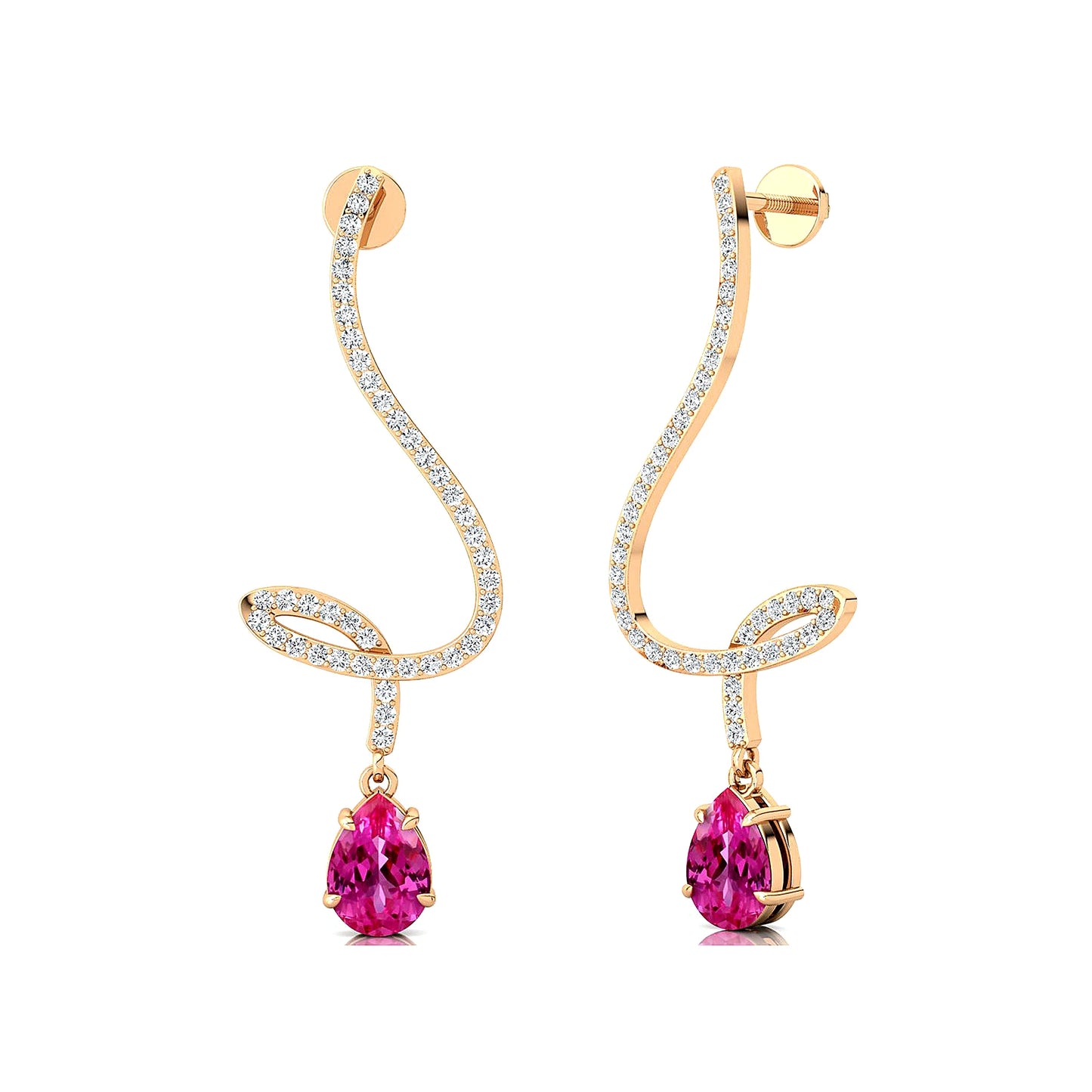 Lab Grown Pink Sapphire Gemstone & Natural Diamonds Classic Design 18K Gold Drop Earrings Trendy Birthstone Wedding Wear Earring