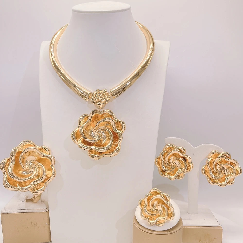 Zhuerrui Wholesale Luxury Gold Plated Rose Flower 4PCS Jewelry Set Dubai African Wedding Necklace Earrings Bracelet Ring HK52822
