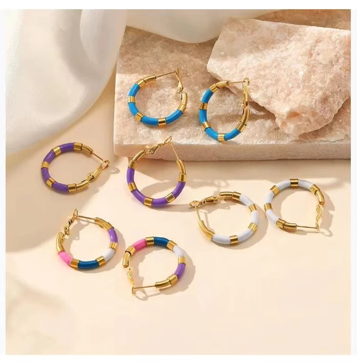 Colorful Oil-Dripping Stainless Steel Hoop Earrings Unique Simple Geometric Round Design 18K Gold-Plated for Ladies