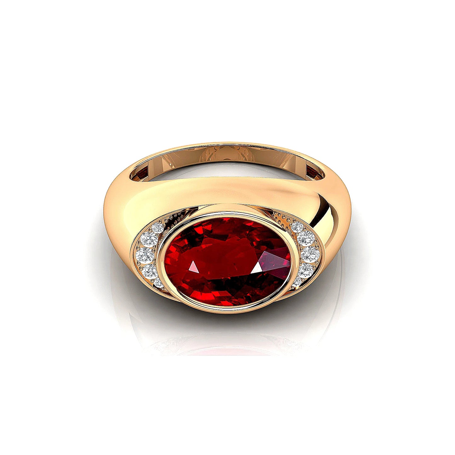 July Birthstone Oval Lab Grown Ruby Halo Signet Ring in 18K Solid Gold with Real White Diamonds Rhodium Plated Wedding Ring Gift