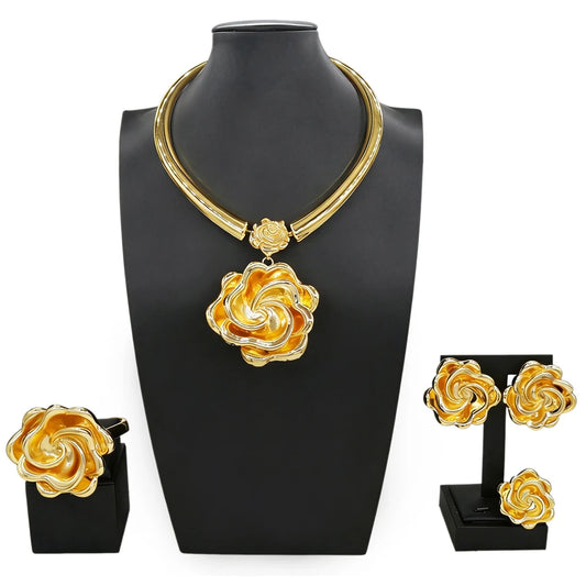 Zhuerrui Wholesale Luxury Gold Plated Rose Flower 4PCS Jewelry Set Dubai African Wedding Necklace Earrings Bracelet Ring HK52822