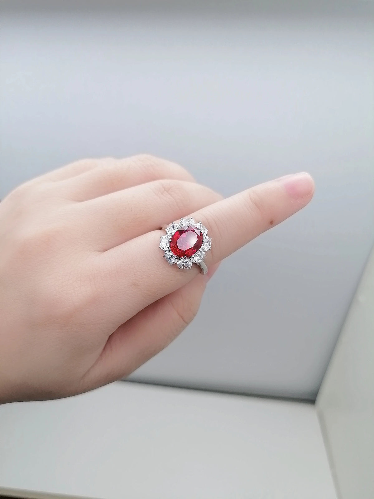 Gemfiori Anster Oval Cut Lab Made Diamonds and Ring S925 Sterling Silver Lab Created Ruby Women Ring