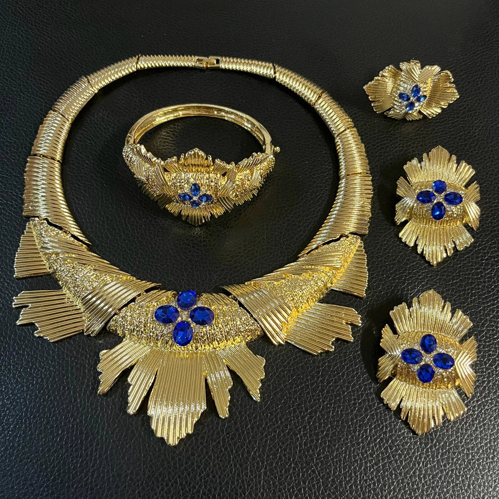 Zhuerrui Dubai Gold Plated Jewelry Set Blue Stone Inlaid Statement Fan Necklace Earrings Bracelet Ring Women Ceremony I005220