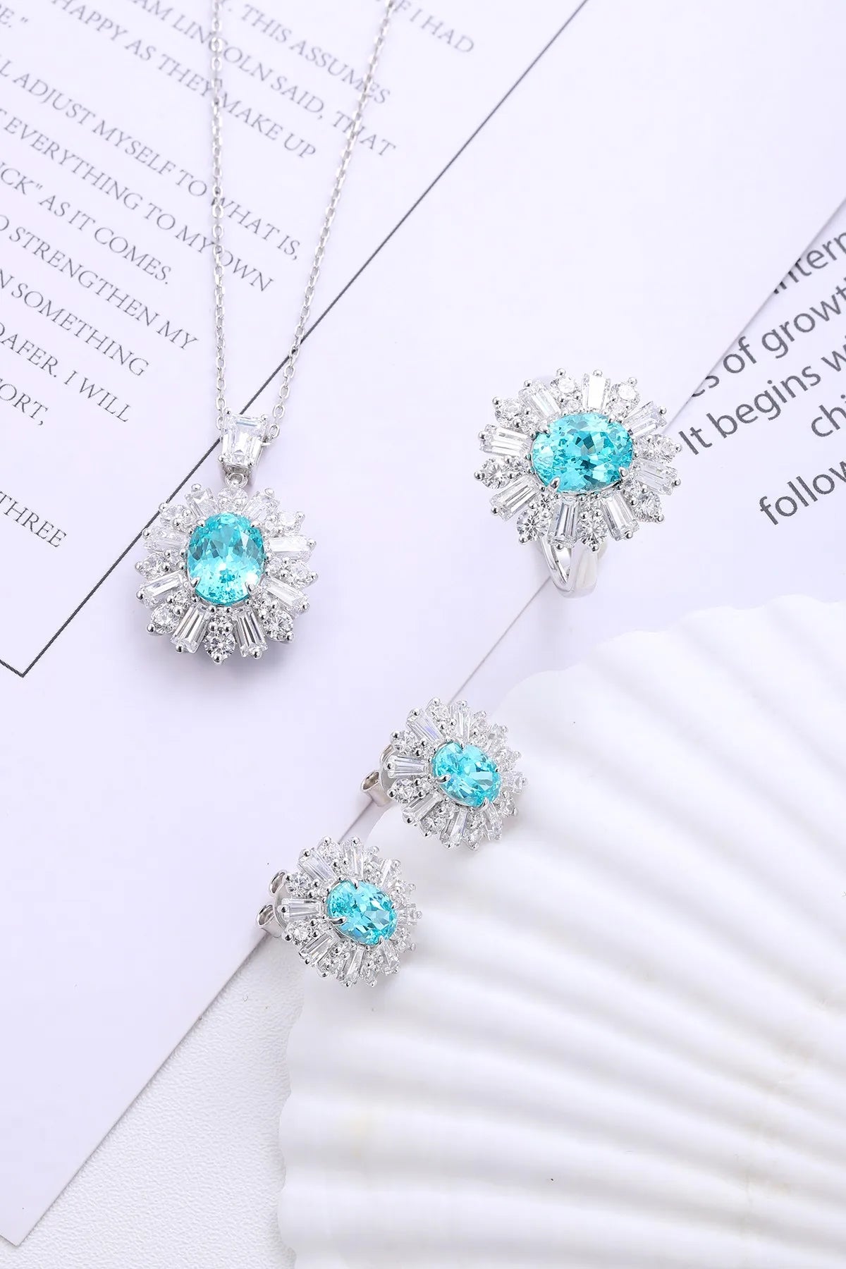 Gemfiori Zhanhao Jewelry Paraiba Jewelry Set Paraiba Lab Grown 925 Silver Ring Necklace Earring Oval Cut Eye Clean Gift Custom