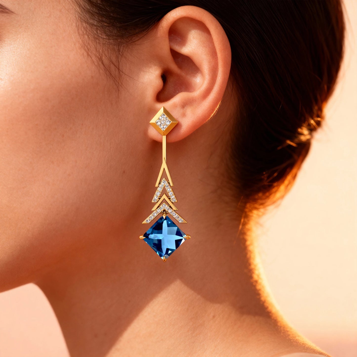 18k Solid Gold Cute Wedding Gift Earrings with London Blue Topaz and Round Cut Diamonds Luxurious Drop Earrings For Birthday