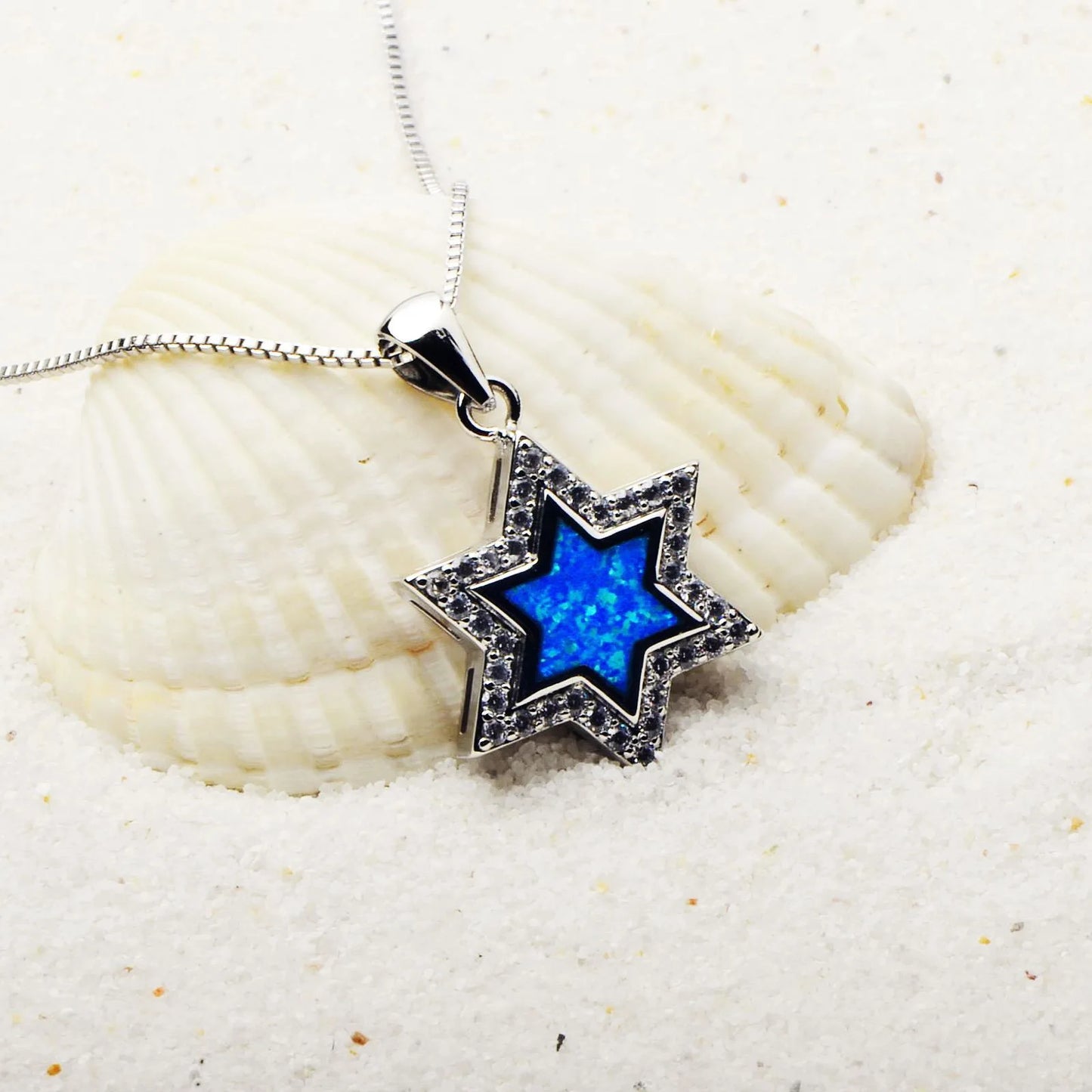 Opal Christian Anniversary Necklace for Women Romantic Brass Link Chain Sweater with Blue Hexagonal Star Pendant