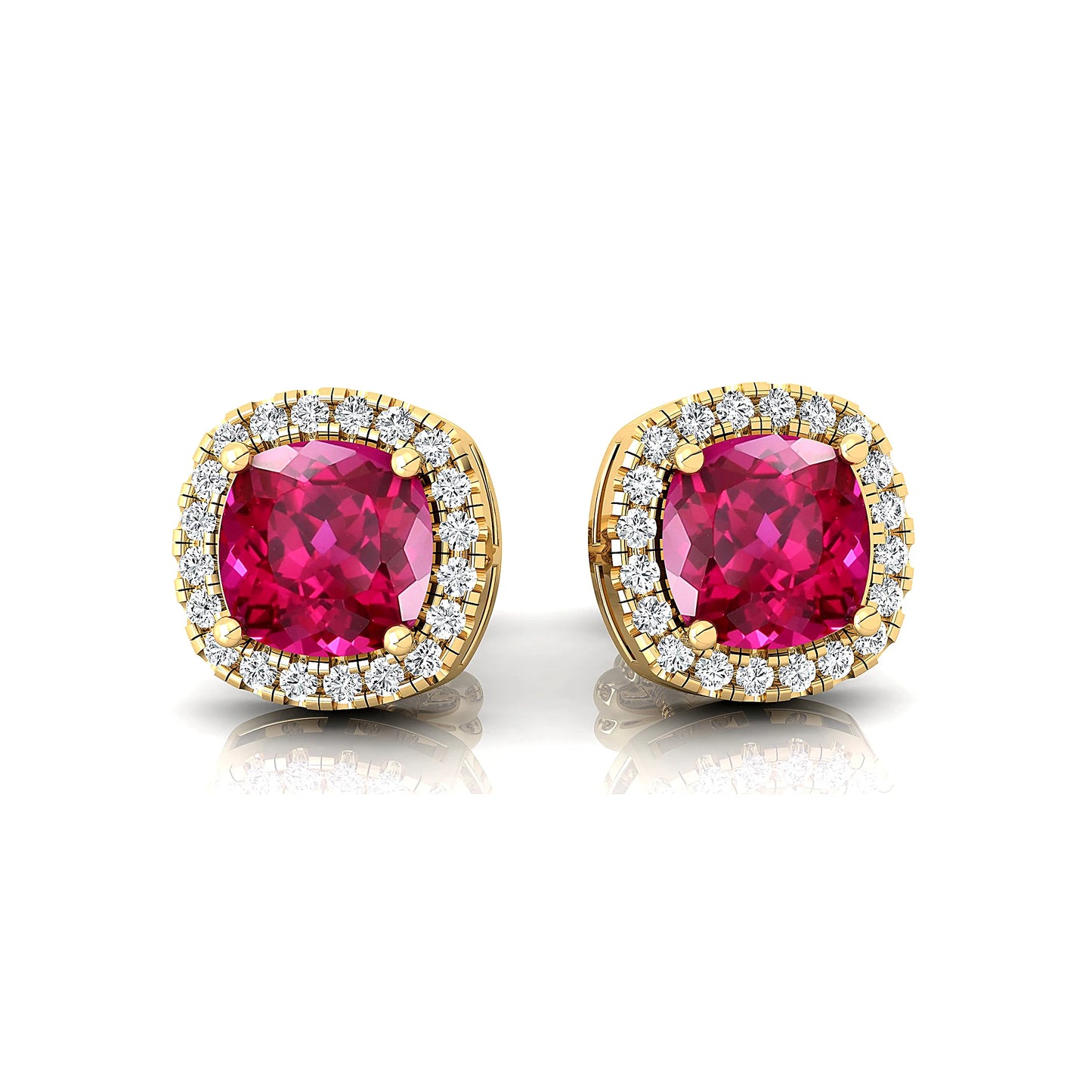 Trendy Lab Grown Pink Sapphire Gemstone & Diamond Halo Stud Earrings 18k Solid Gold Cushion Cut Halo Earrings Handmade Jewelry