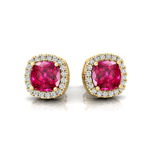 Trendy Lab Grown Pink Sapphire Gemstone & Diamond Halo Stud Earrings 18k Solid Gold Cushion Cut Halo Earrings Handmade Jewelry