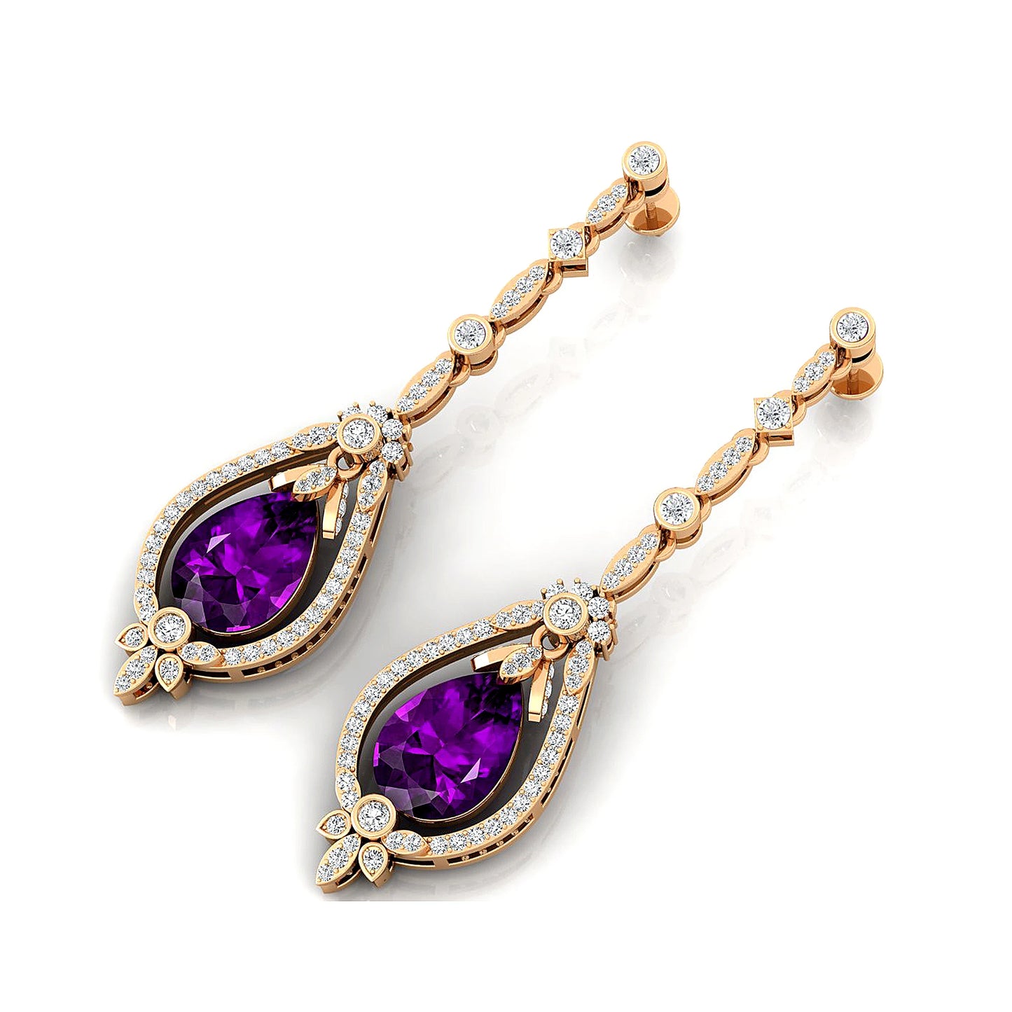 Trendy 18K Solid Gold Earrings Women's Beautiful Teardrop Accented Drop Earrings Natural Amethyst and Diamonds Halo Earrings