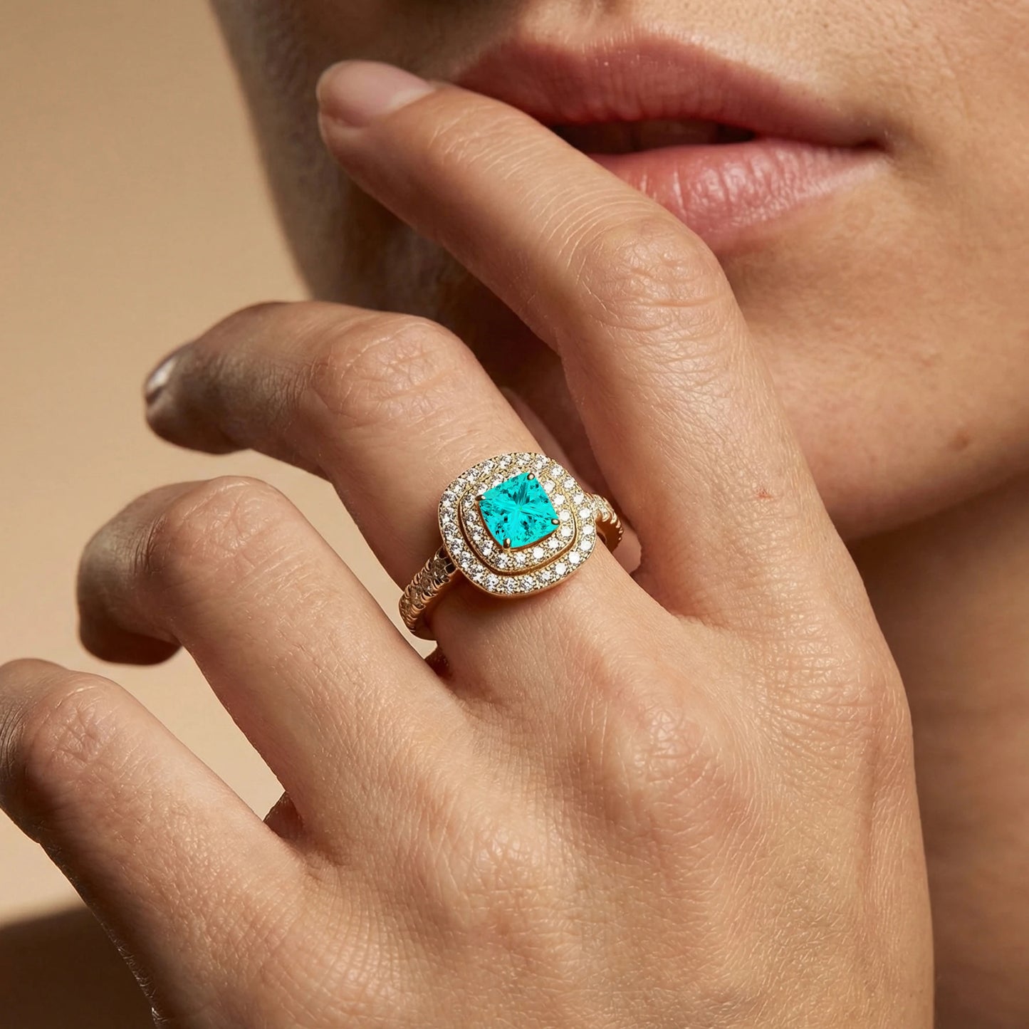 18kt Solid Gold Lab Grown Paraiba Tourmaline Real Diamond Classic Wedding Double Halo Ring Rhodium Plated Fine Jewelry For Gift