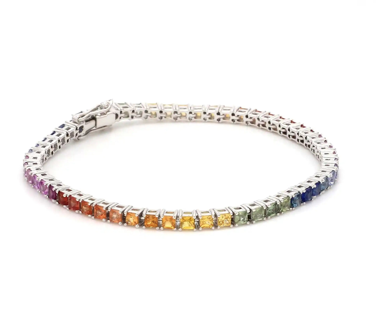 14k Pure Gold Princess Cut Rainbow Sapphire Natural Gemstone Tennis Chain Dainty Classic Beaded Luxury Bracelets for Party Gift