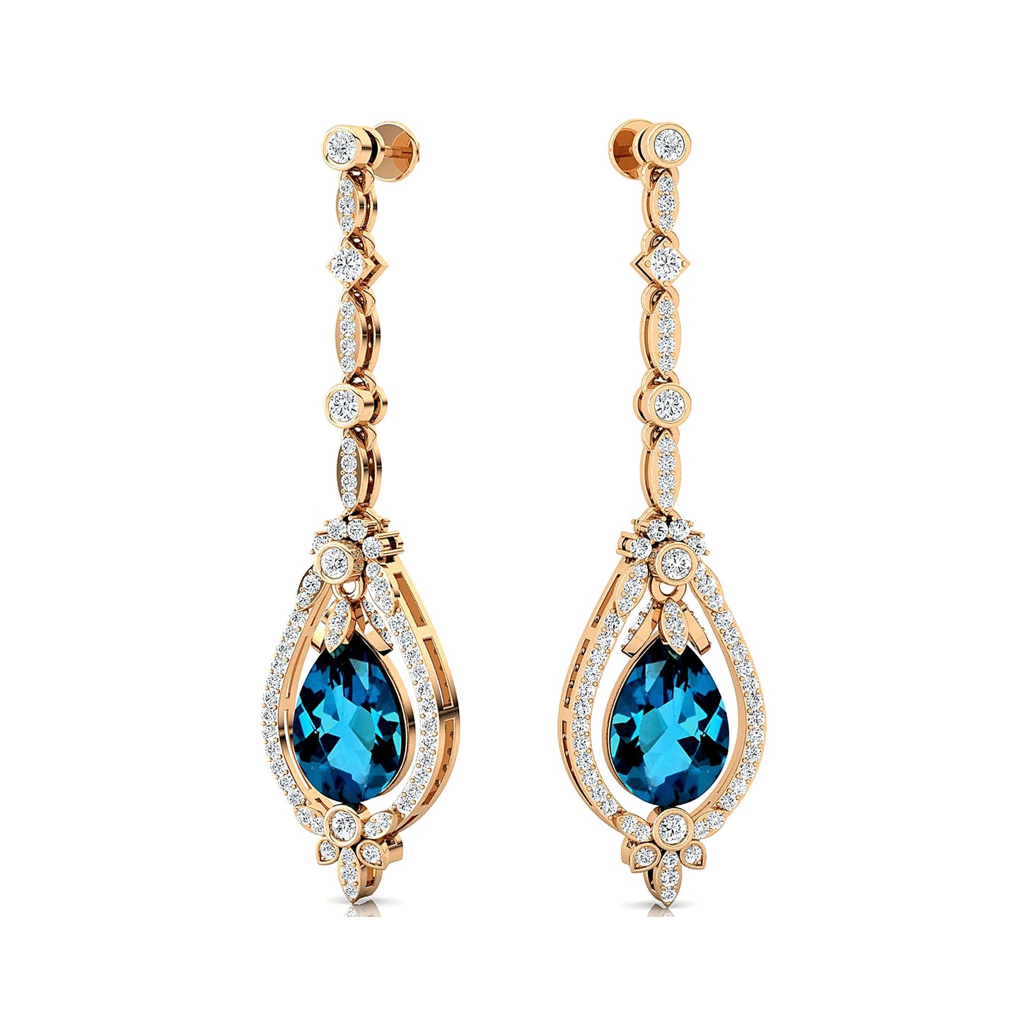 Pear Cut Natural London Blue Topaz Gemstone Real Diamond 18K Solid Gold Dangle Drop Halo Earrings Wedding Party Gift for Women