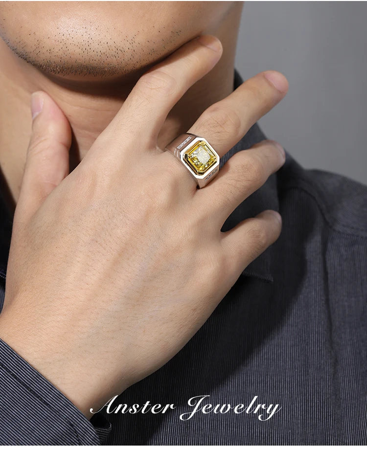 Gemfiori Anster Moissanite Diamonds and Ring S925 Sterling Silver Radiant Cut White Moissanite Diamond Men Ring