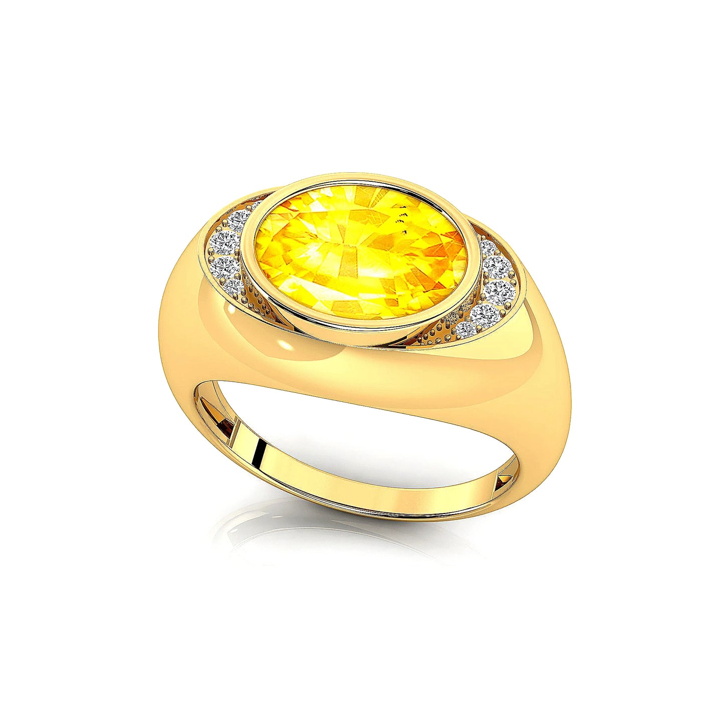 18kt Gold Oval Cut Lab Grown Yellow Sapphire Gemstone Ring Natural Side Diamonds With Bezel Set Center Stone Sapphire Ring