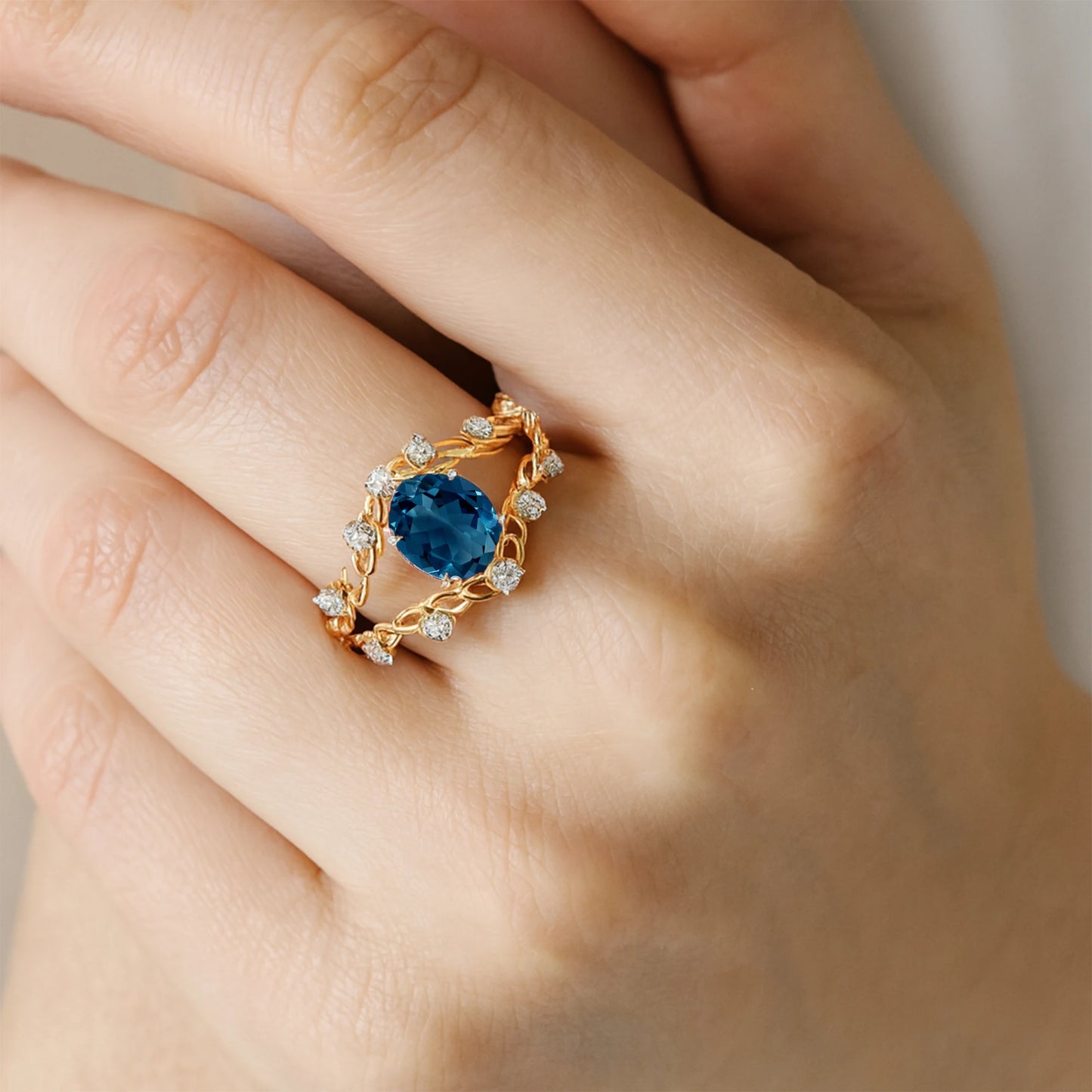 14K Solid Gold Prong Set 1.5 Ct Oval Cut Natural London Blue Topaz Gemstone Rings Adorned Natural Diamonds Classic Wedding Gift
