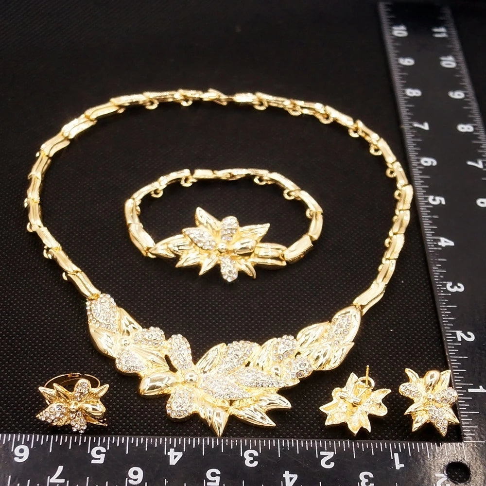 Zhuerrui New Brazil Women Gold-Plated Hug Flowers Jewelry Set Necklace Bracelet Earrings Ring Wholesale Zircon Jewelry SetsX0114