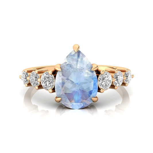 Fabulous Pear Shape Natural Rainbow Moonstone Gemstone Bridal Cluster Rings in 18k Solid Gold with Round Cut Real Diamonds Ring