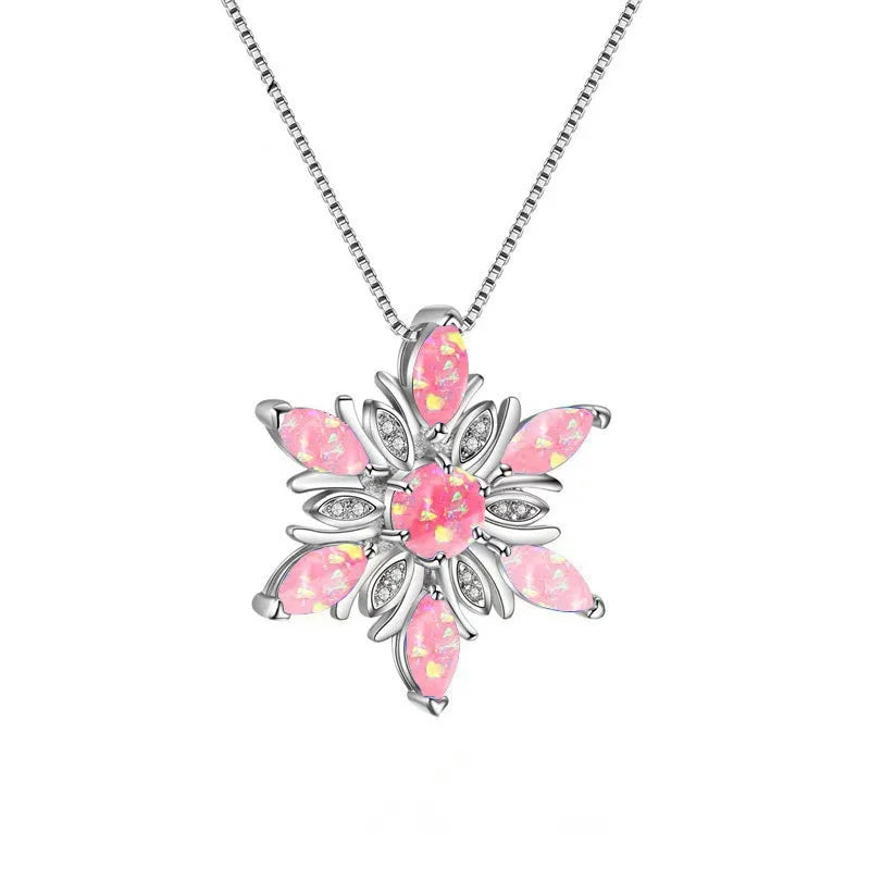 White Fire Opal Lab Created Marquise Stone Pendant Cute Snowflake Design Women's Trendy Silver Copper Box Chain Necklace Wedding