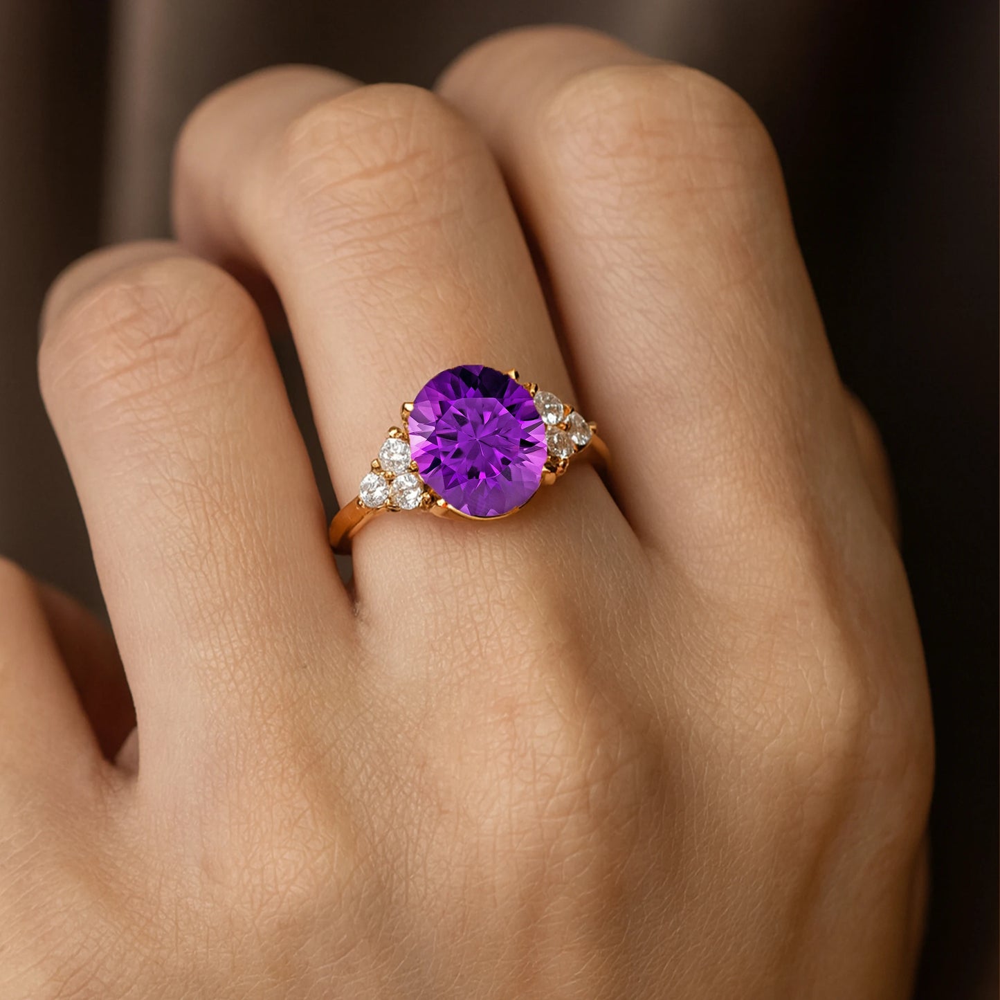 Beautiful Design Oval Cut Amethyst Faceted Halo Solitaire Ring 14k Solid Gold Adorned with Real Diamonds Gift for Wife