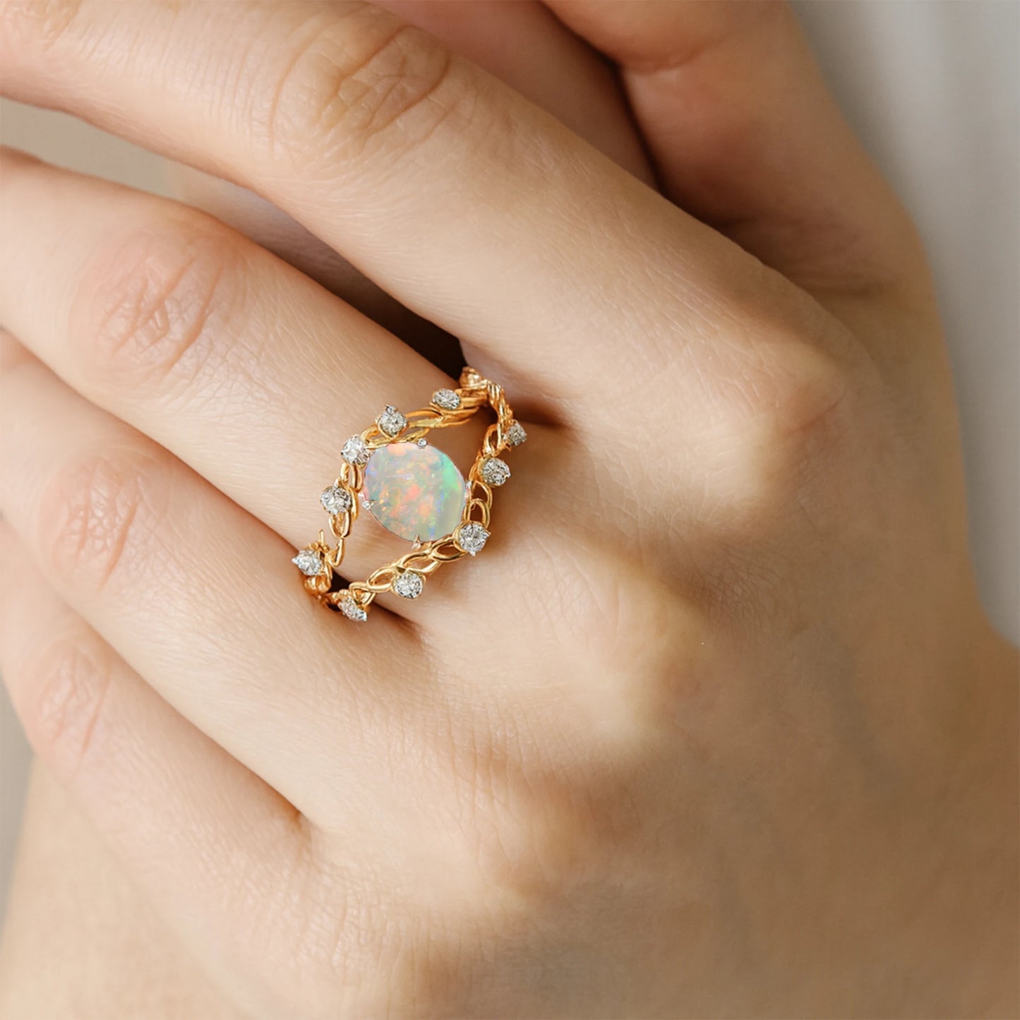 Natural Ethiopian Opal Gemstone Wedding Rings 18K Solid Gold Adorned ODM Natural Diamonds Luxurious Classic Engagement Jewelry
