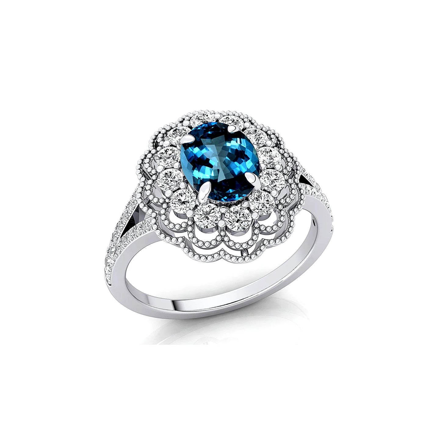 18kt Solid Gold Birthstone Rings with London Blue Topaz & Real Diamonds Rhodium Plated Classic Wedding & Party Gifts