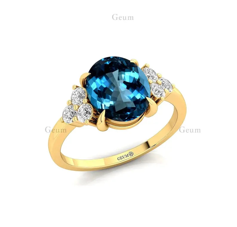 Solid 14k Gold Classic Unique Oval Shape Natural London Blue Topaz Gemstone Real Diamond Cluster Pave Setting Premium Designer