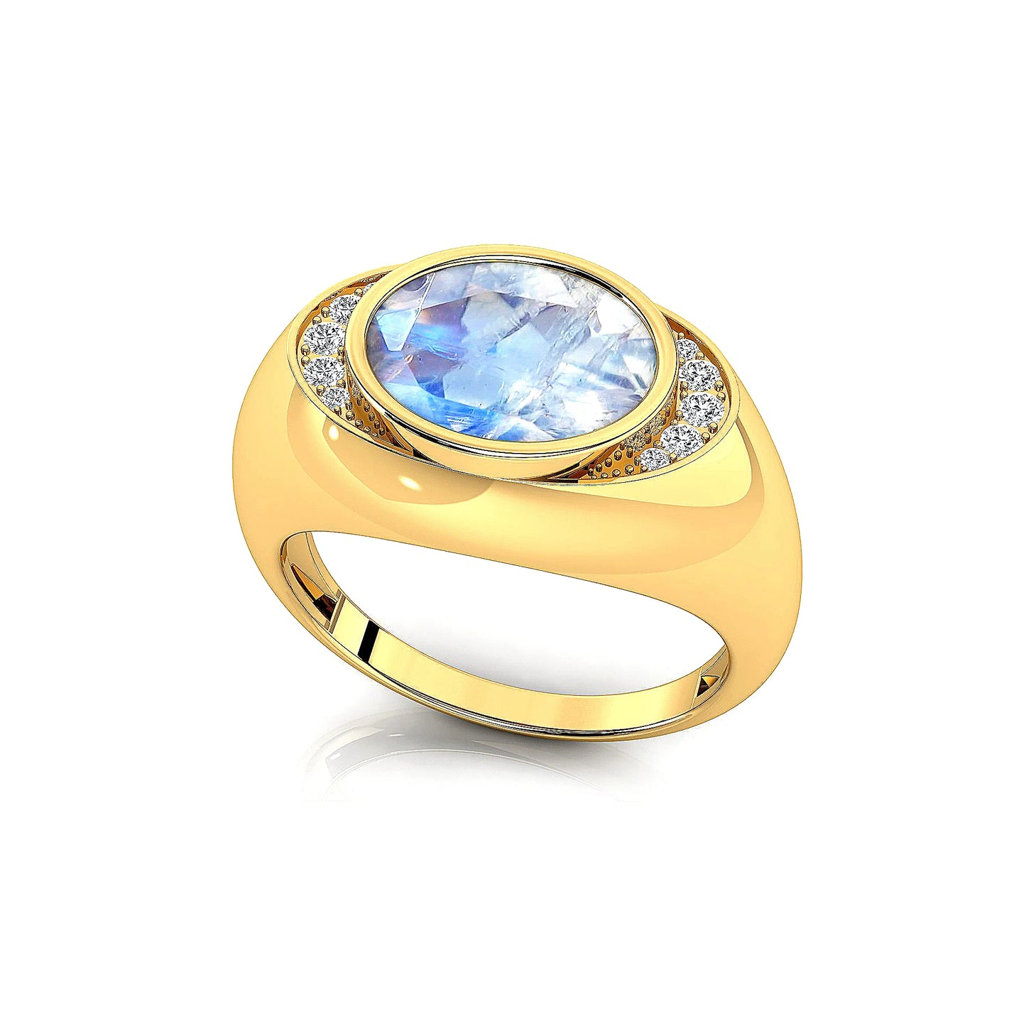 18kt Solid Gold Natural Rainbow Moonstone Gemstone Real Solitaire Diamonds Ring OEM Birthstone Wedding Gift Rhodium Plated Ring