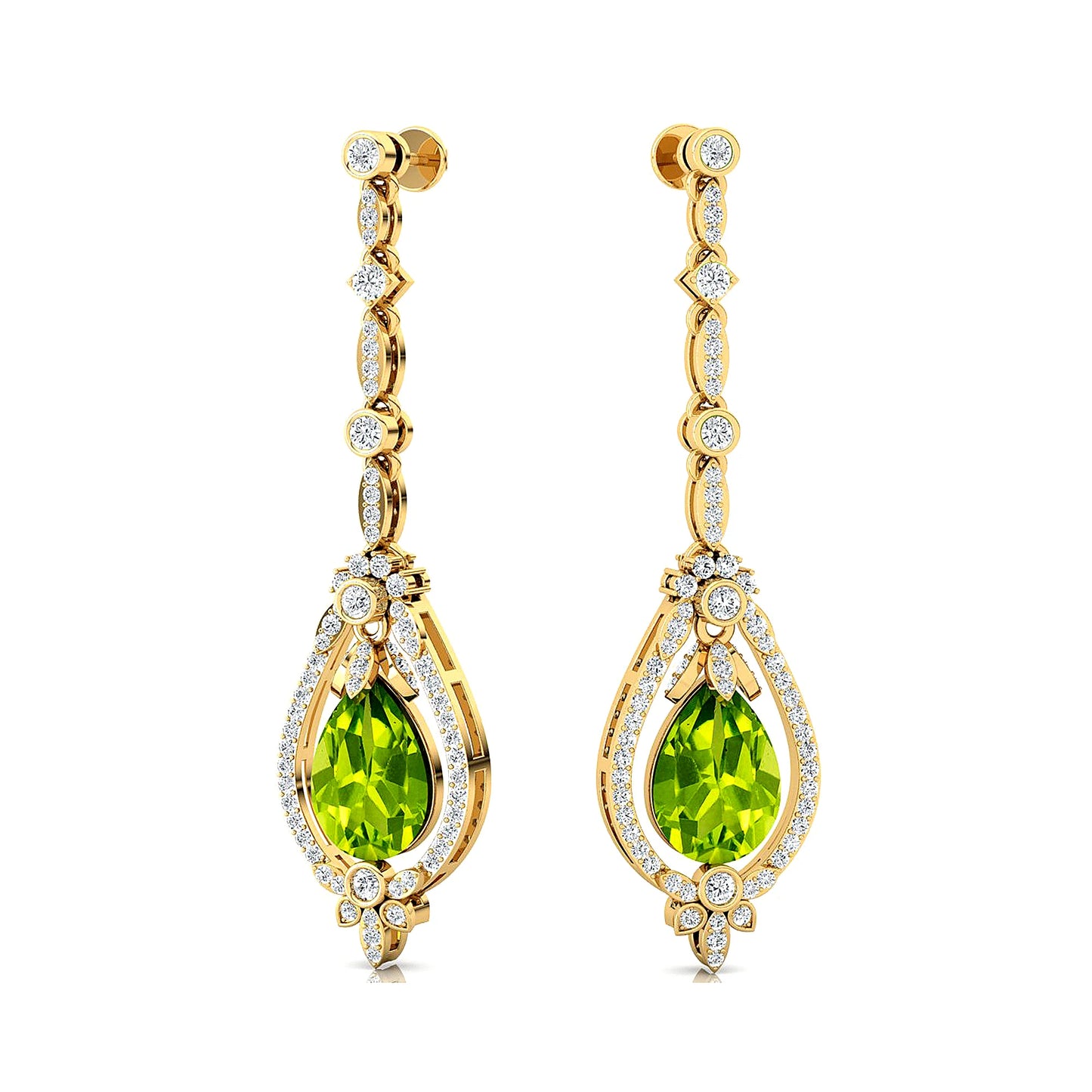 Solid Gold 18Kt Natural Peridot Gemstone Real Diamond Trendy Design Dangle Drop Earrings Cute Wedding Gift Party Rhodium Plated