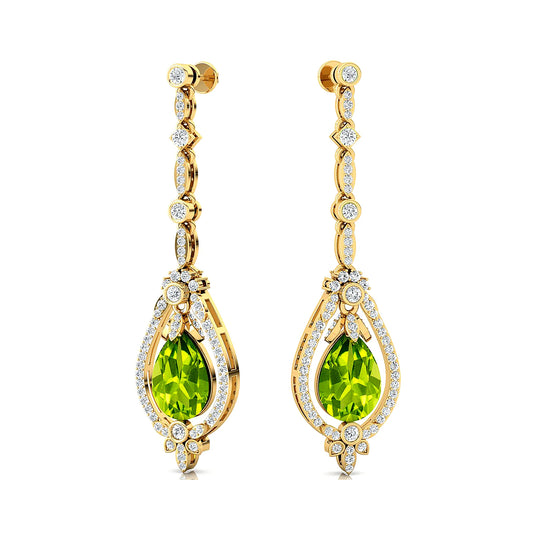 Solid Gold 18Kt Natural Peridot Gemstone Real Diamond Trendy Design Dangle Drop Earrings Cute Wedding Gift Party Rhodium Plated