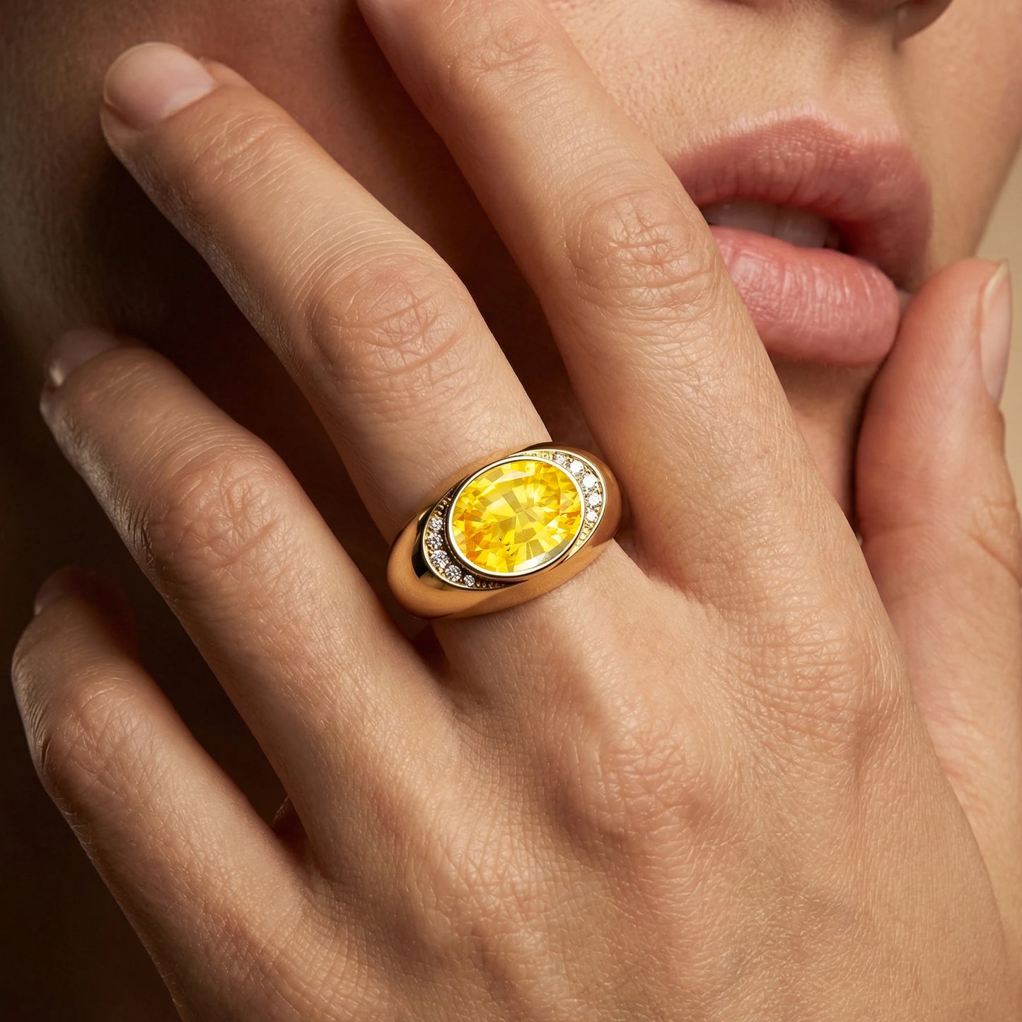 18kt Gold Oval Cut Lab Grown Yellow Sapphire Gemstone Ring Natural Side Diamonds With Bezel Set Center Stone Sapphire Ring
