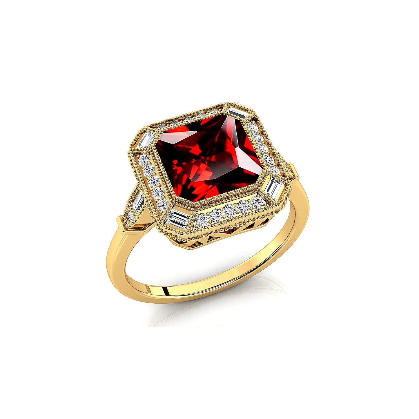 Solid Gold Natural Garnet Gemstone Fine Real Diamonds Bezel Setting Rhodium Plated Wedding Engagement Halo Ring Jewelry For Her