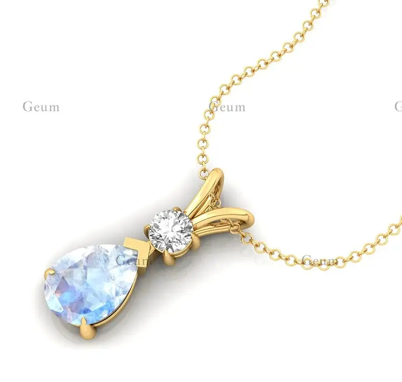 Pear Shape Rainbow Moonstone & Real Diamond Teardrop Shape Pendant 14k Gold Pendant Prong Set Pendant Jewelry Wholesale