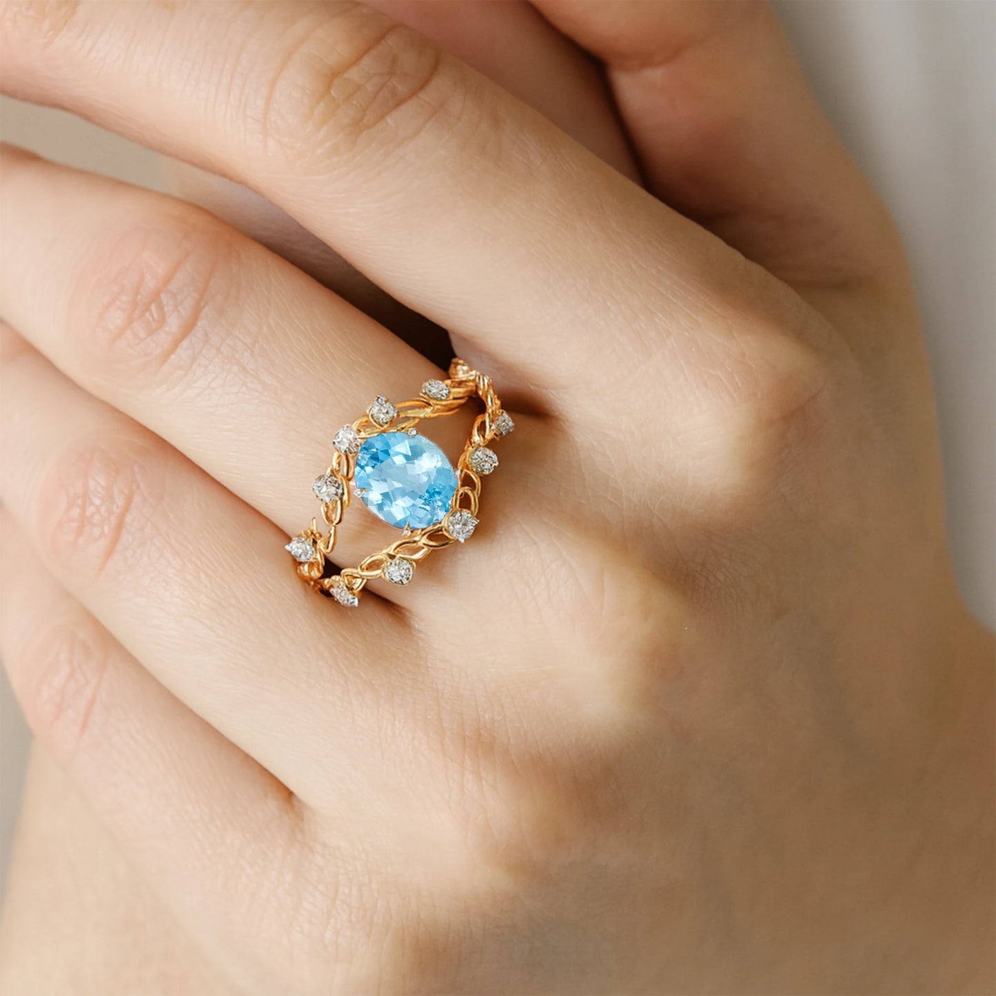 Oval Cut Natural Aquamarine Gemstone Diamond 18k Rose Gold Anniversary Wedding Party Rings for Women