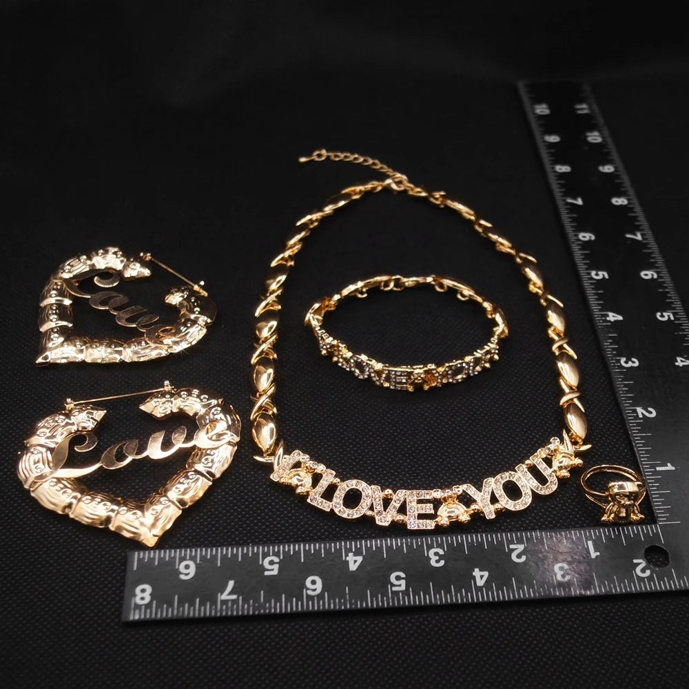 Zhuerrui Factory Direct I Love You Shiny Necklace Jewellery Set American Wedding Women Party Beautiful Gold Plated Sets X0142